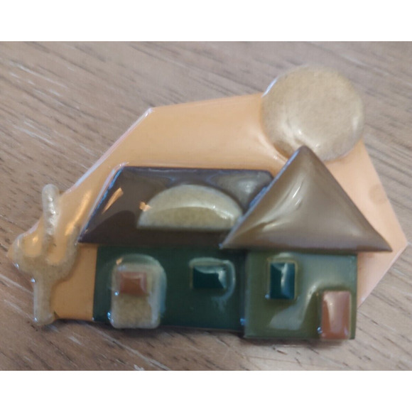 Lucinda Jewelry - VINTAGE House Pin by LUCINDA Acrylic House Brooch w sun & tree